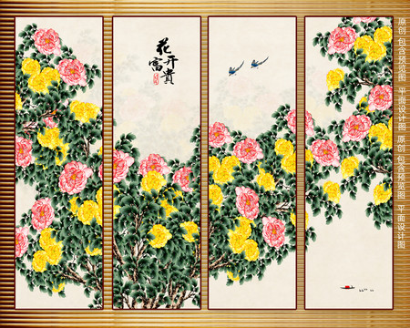 無框畫牡丹背景墻