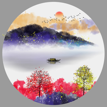 圓形水墨山水畫