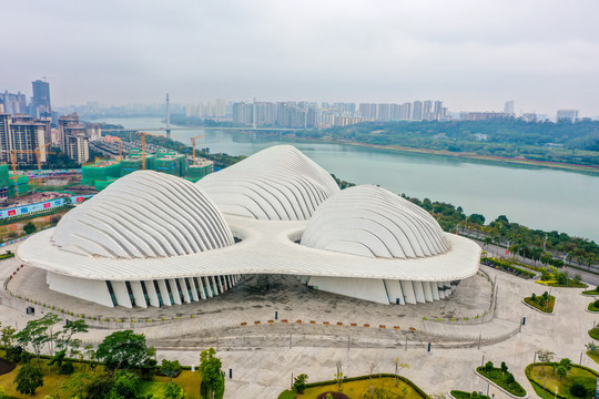 航拍广西文化艺术中心建筑外景