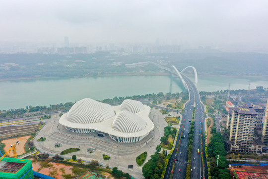 航拍广西文化艺术中心建筑外景