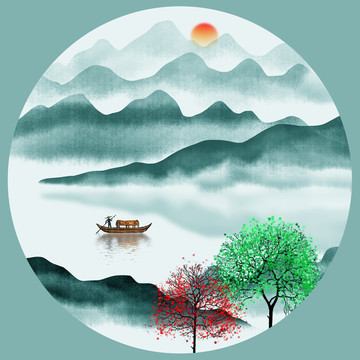 圆形水墨山水画