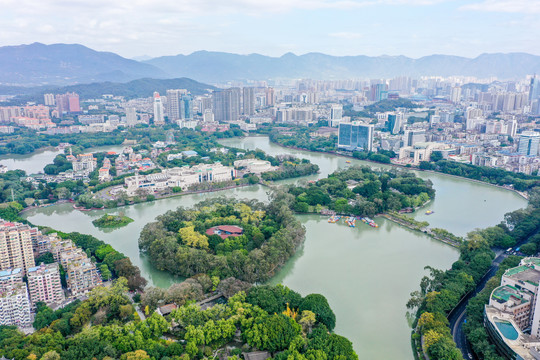 航拍福建福州西湖公园风光