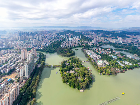 航拍福建福州西湖公园风光