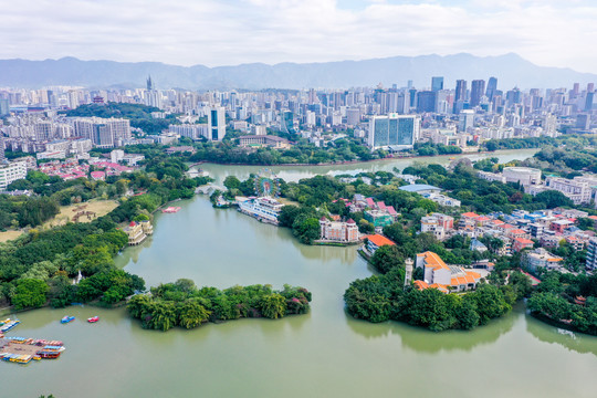 航拍福建福州左海公园风光