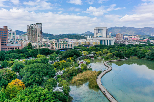 航拍福建福州左海公园风光