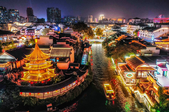 航拍南京秦淮河魁星阁夜景