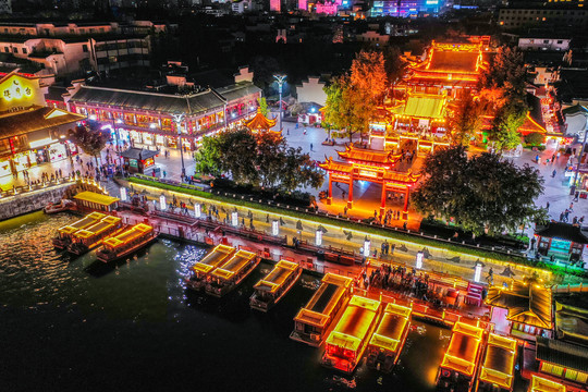 航拍南京夫子庙秦淮风光带夜景