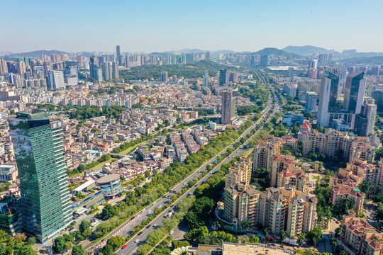 航拍广东中山博爱路兴中道街景