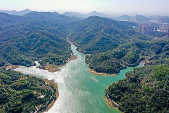 航拍中山金钟水库金钟湖公园