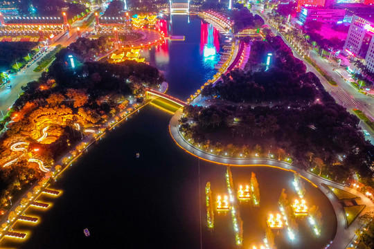 航拍广东佛山千灯湖公园夜景