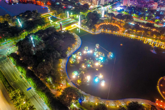 航拍广东佛山千灯湖公园夜景