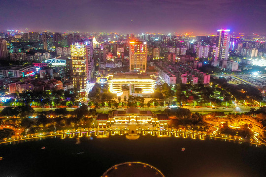 航拍广东佛山千灯湖公园夜景