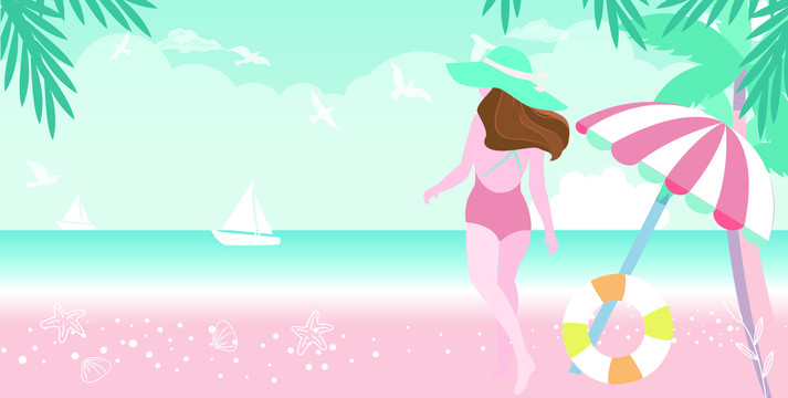 橫版海灘女孩走在沙灘上