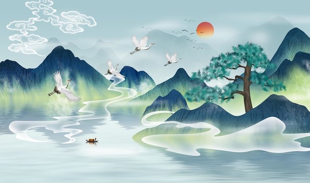 手繪仙鶴迎客松山水畫