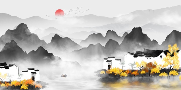 巨幅水墨江南山水畫(huà)