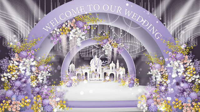 紫色油画风公主城堡婚礼效果图