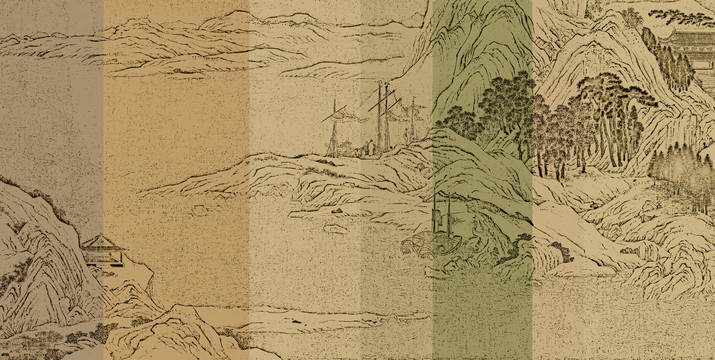 山水线描刺绣