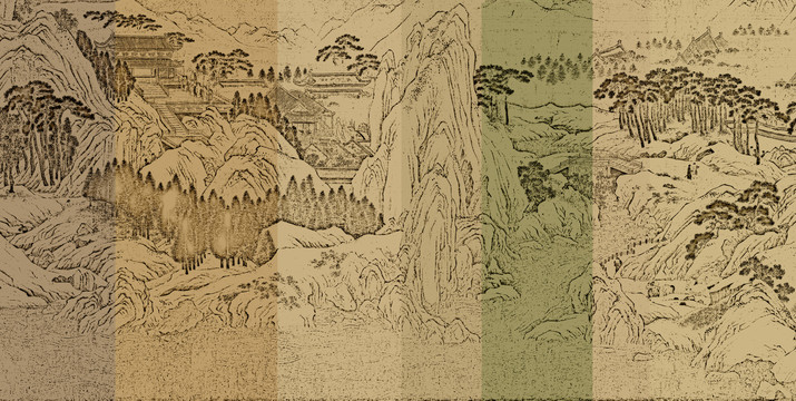 山水线描刺绣