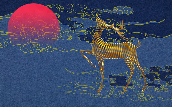 金鹿祥云紅日中式裝飾畫壁畫