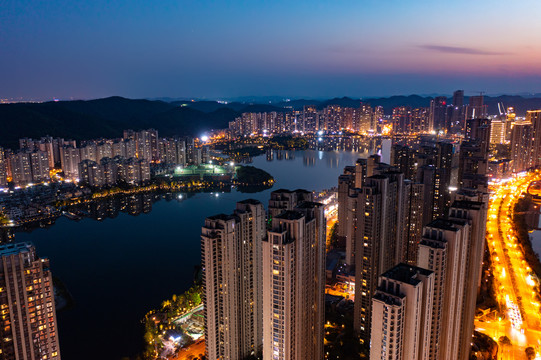 航拍湖南长沙梅溪湖夜景