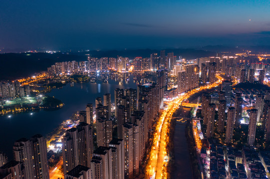 航拍湖南长沙梅溪湖夜景