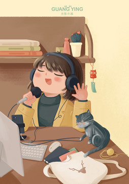 女孩唱歌插畫