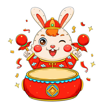 國潮可愛打鼓的兔子元素