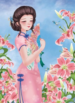 手绘旗袍美女插画