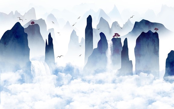 新中式水墨山水畫背景墻