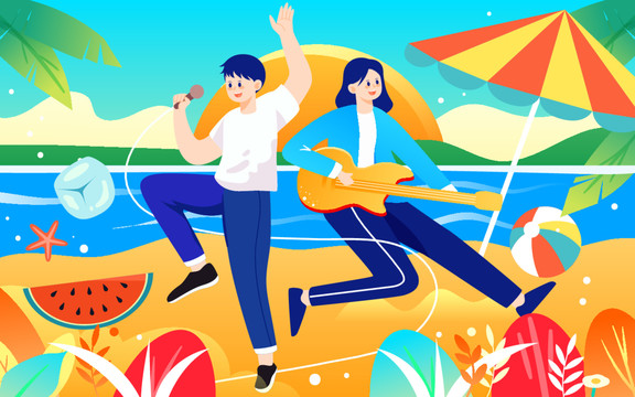 夏天海边音乐派对演唱会插画