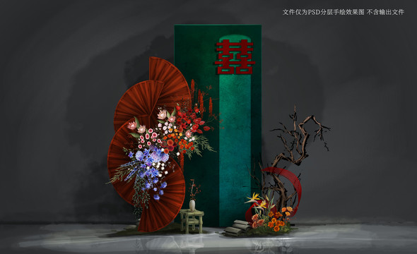 紅綠撞色新中式婚禮效果圖