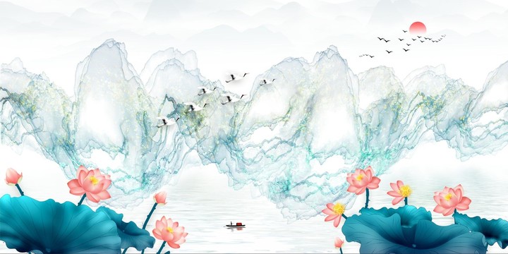 水墨荷花線條山水畫