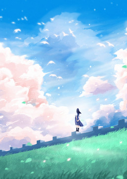 唯美治愈天空之境下的少女插畫