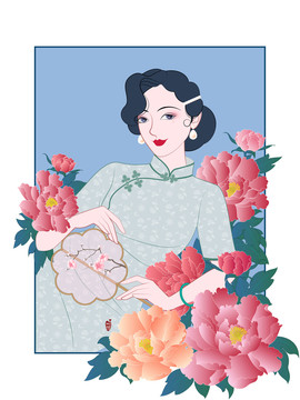 花卉旗袍美人插畫之牡丹