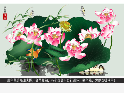 蓮花朵朵工筆畫