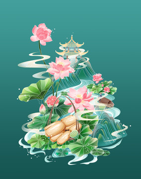 中國風(fēng)國潮藕粉荷花蓮藕插畫