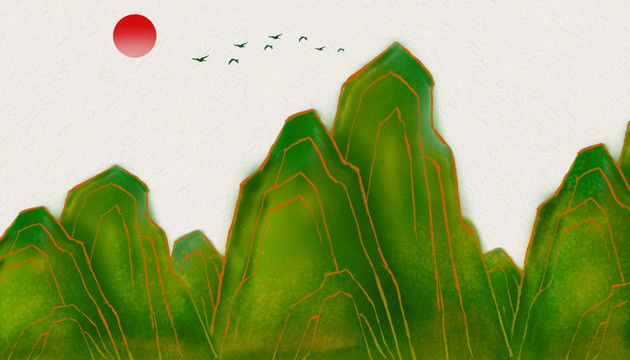 國(guó)潮手繪復(fù)古山