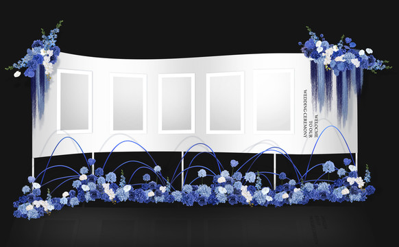 蓝白色花艺照片墙婚礼效果图