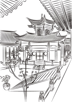 中式庭院黑白插畫