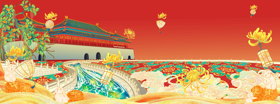 中秋节古建筑背景插画