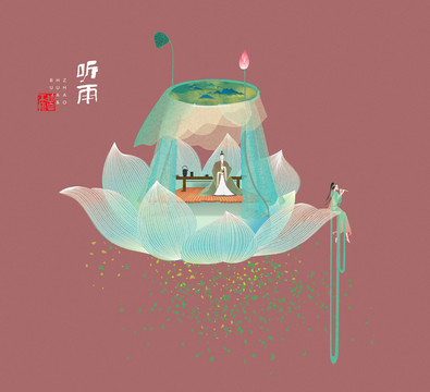 古風(fēng)創(chuàng)意插畫(huà)聽(tīng)雨