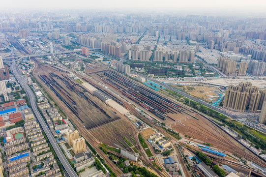 航拍郑州北站铁路编组站编组场