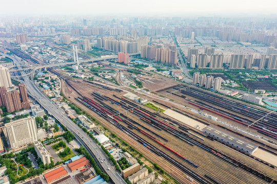 航拍郑州北站铁路编组站编组场