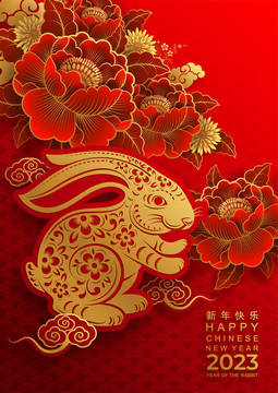 富貴牡丹花剪紙風(fēng)兔年海報