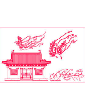 古建樓閣飛天馬車(chē)圖