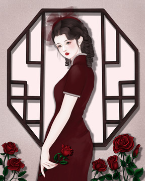 旗袍美女系列插画之丝绒玫瑰