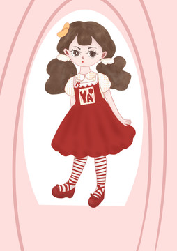 儿童插画可爱红裙女孩