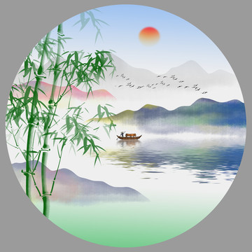 中式意境竹子山水畫