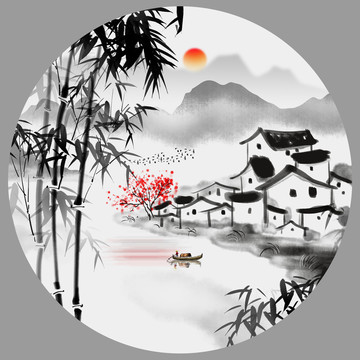 水墨竹子江南山水畫