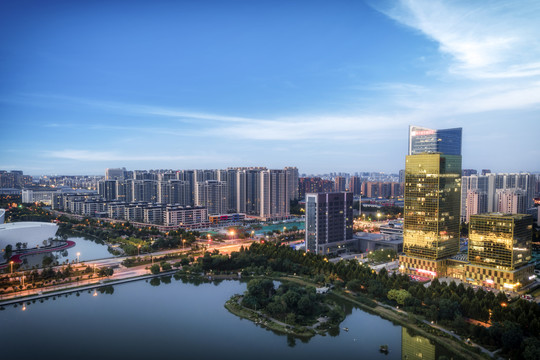 航拍山东淄博城市风光夜景